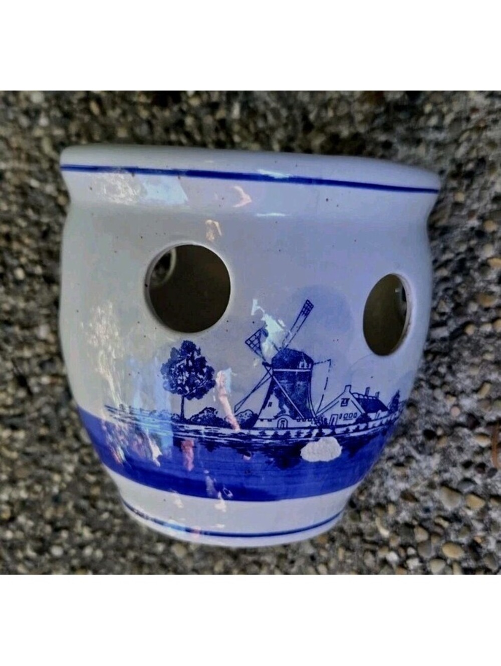 Delft? Blue & White Planter Windmill Ships Blue HandPainted Holland 5x5" Holes
